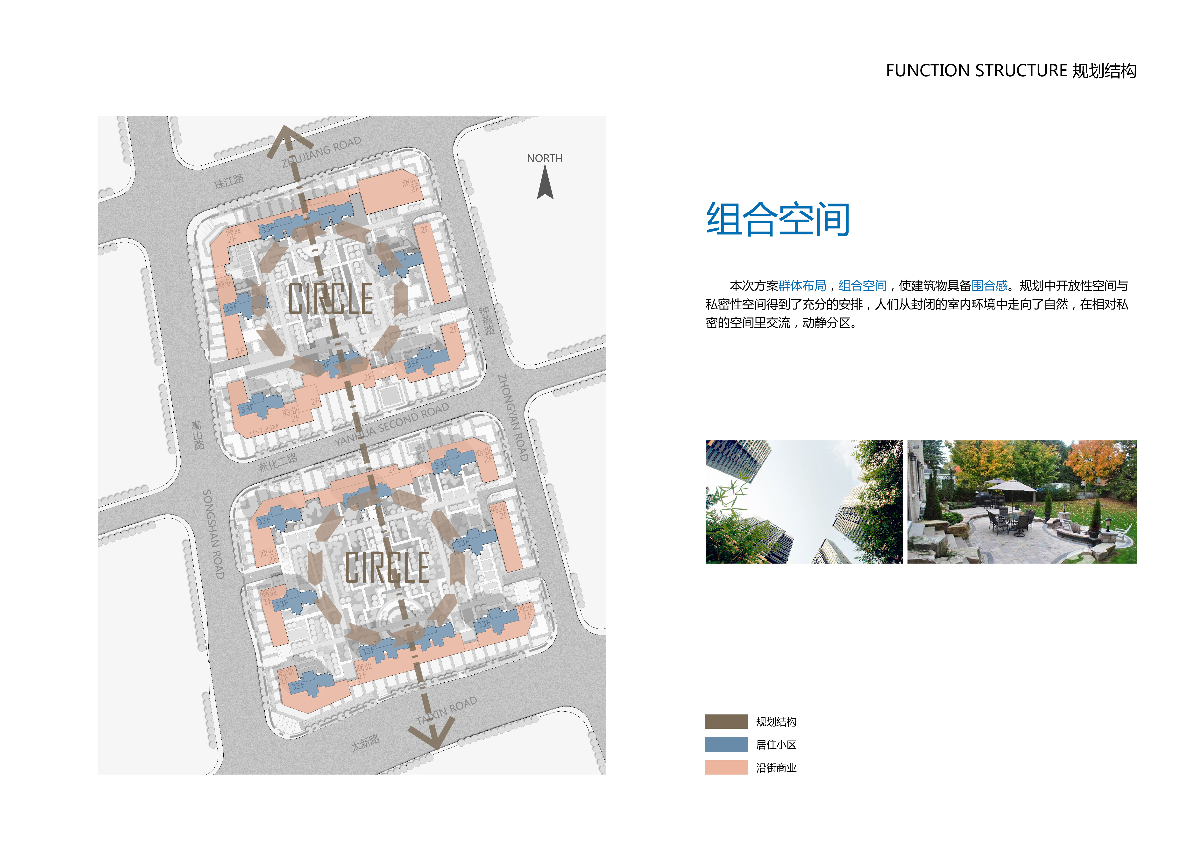 本次方案群体布局,组合空间,使建筑物具备围合感.规划中